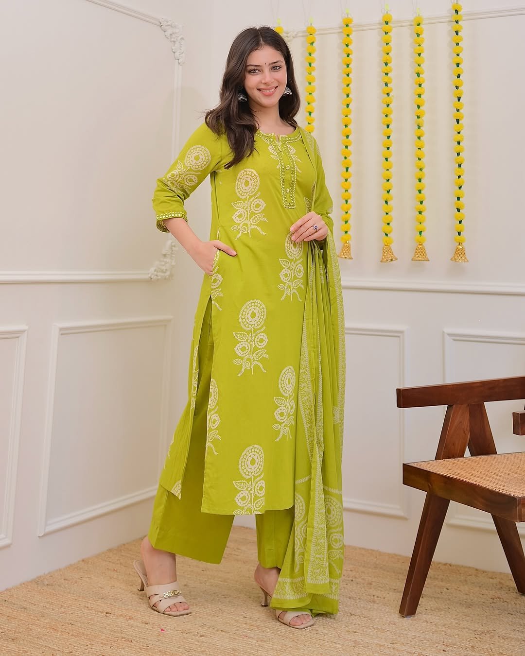 Yellow Cotton Kurti Pant Dupatta Set with Embroidery